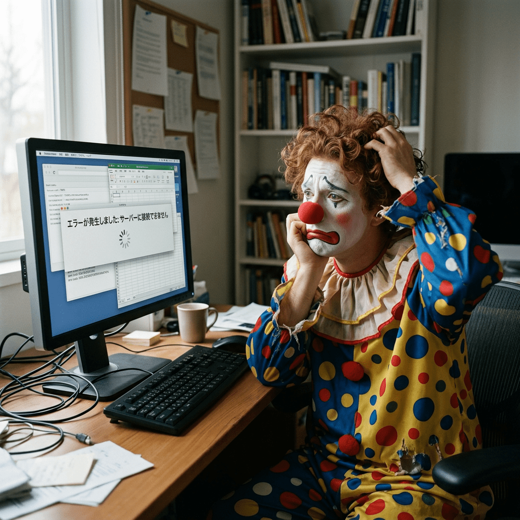 Clown in polka dot costume looking frustrated at computer with Japanese server error message